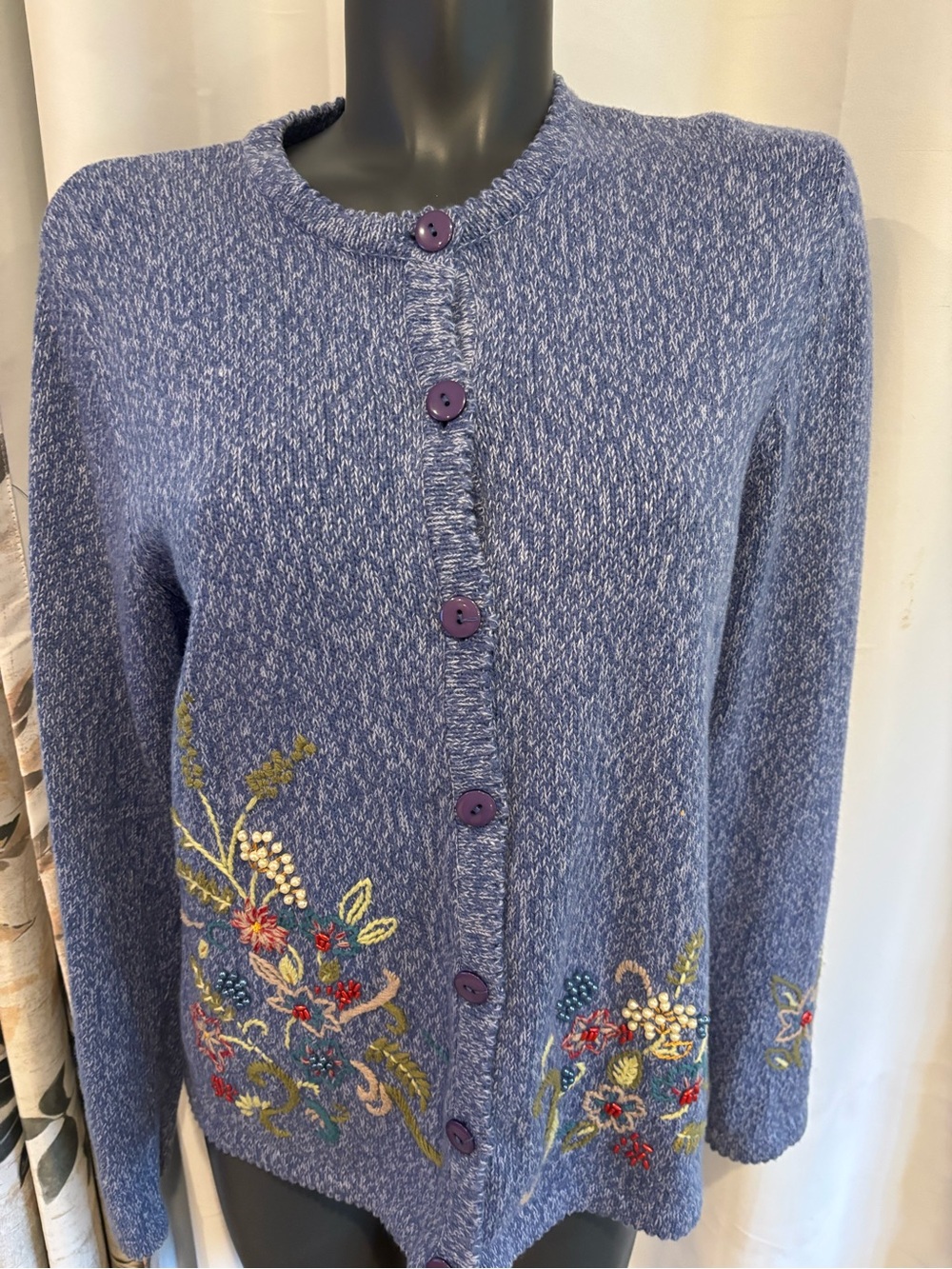 breckenridge Blue Heathered Embroidered Button Cardigan